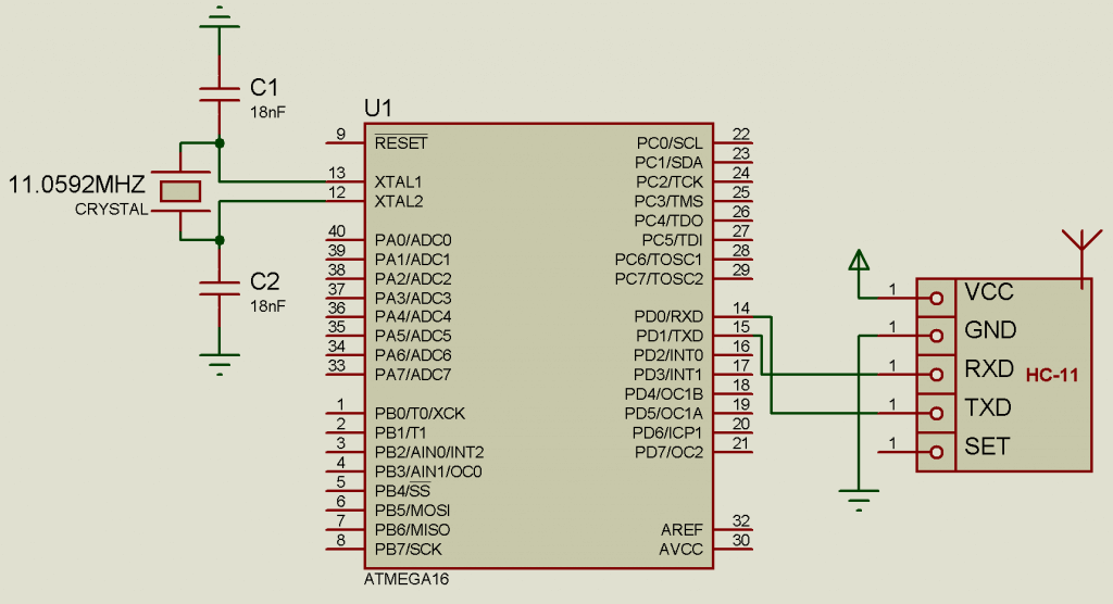 Схема подключения радиомодуля HC-11 к ATmega16