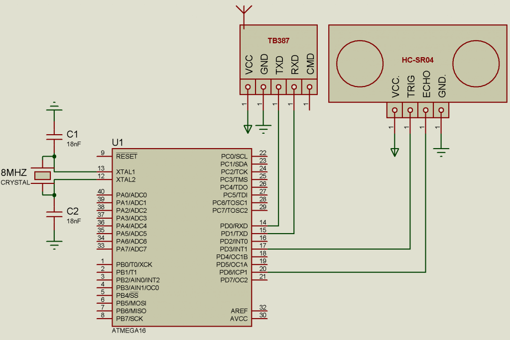 Схема подключения датчика движения HC-SR04 к ATmega16