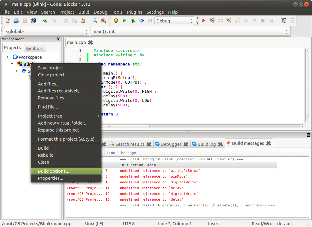 Main cpp. Установка Ubuntu на Orange Pi Plus 2. Code Blocks. Blink code. Torrservera настройка код.