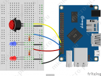 Raspberry Pi и Pi4J. Урок 3. GPIO Триггеры - GpioPulseStateTrigger (Fritzing - Orange Pi One + Push Button + 2xLED)