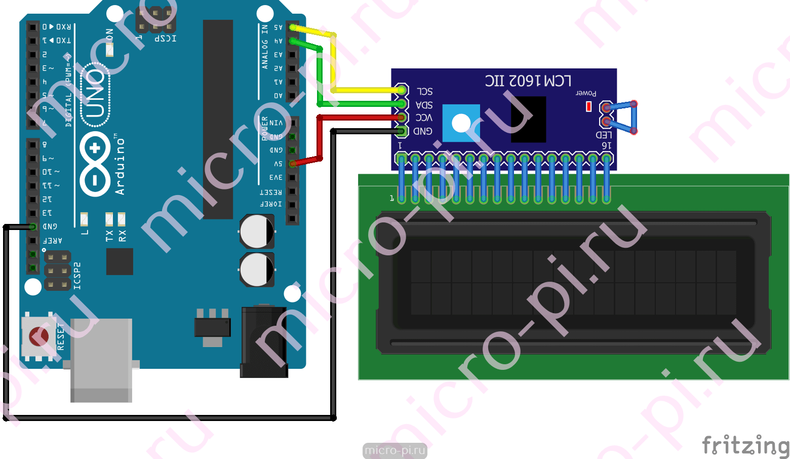 Подключение LCD1602 к Arduino по I2C (PCF8574) - MicroPi