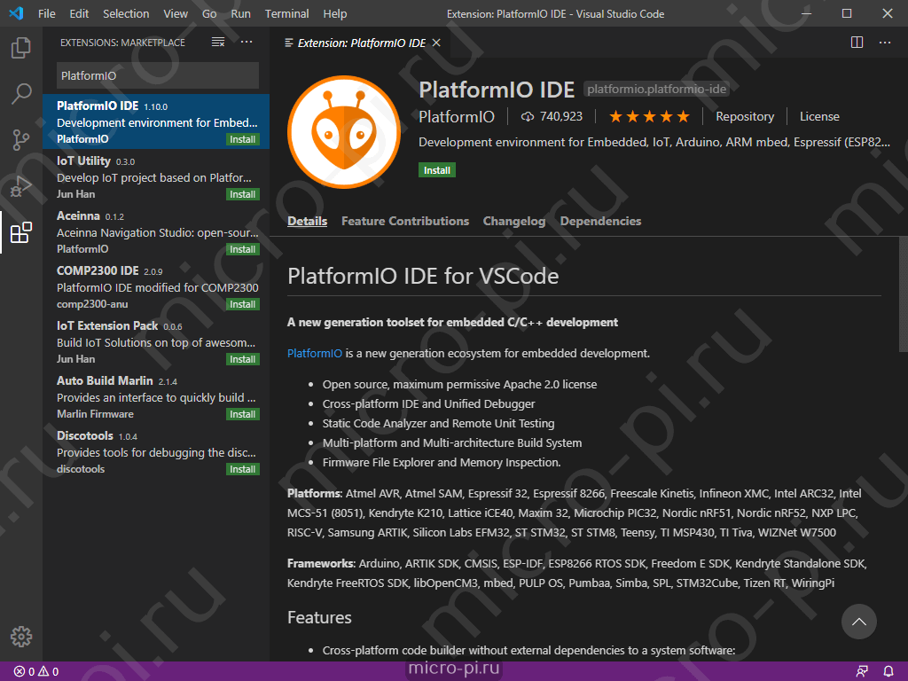 PlatformIO и Visual Studio Code для Arduino/ESP32/K210 - MicroPi