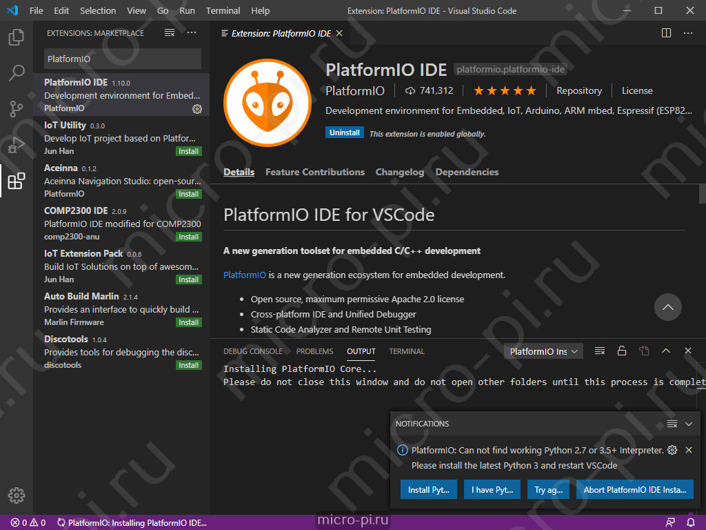 PlatformIO и Visual Studio Code для Arduino/ESP32/K210 - MicroPi