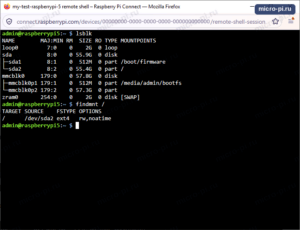 Терминал Raspberry Pi 5: lsblk показывает диск sda с разделами sda1 (/boot/firmware) и sda2 (/), а findmnt / показывает корень на /dev/sda2