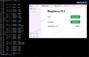 Терминал Raspberry Pi 5: вывод pinctrl -p, контакт 13 GPIO27 op dl pn lo output, контакт 15 GPIO22 op dh pn hi output; справа страница управления с зелёными кнопками «Включено» у реле и светодиода
