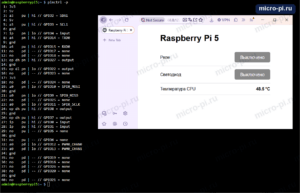 Терминал Raspberry Pi 5: вывод pinctrl -p, контакт 13 GPIO27 op dh pn hi output, контакт 15 GPIO22 op dl pn lo output; справа страница управления с серыми кнопками «Выключено» у реле и светодиода