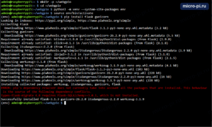 Терминал Raspberry Pi 5: создание каталога webgpio и окружения env с --system-site-packages, pip install flask gunicorn; красная строка ERROR про types-flask-migrate 4.0 и Flask-SQLAlchemy, ниже Successfully installed flask-3.1.3 gunicorn-26.2.0 itsdangerous-2.2.0 werkzeug-3.1.9