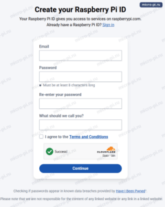Форма создания Raspberry Pi ID: адрес почты, пароль, имя, согласие с условиями и кнопка Continue