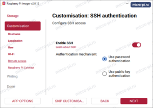 Раздел Remote access в Raspberry Pi Imager: включён SSH, выбран вход по паролю