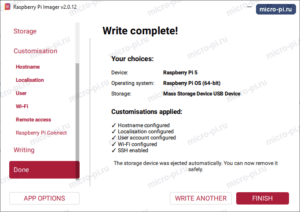 Вкладка Done в Raspberry Pi Imager: сообщение Write complete и список применённых настроек