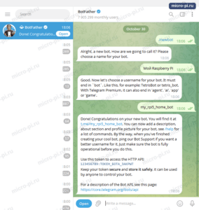 Диалог с BotFather: /newbot, имя бота, username и выданный токен
