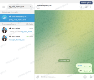 Чат с ботом в Telegram: сообщение Hi!