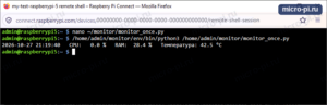 Терминал Raspberry Pi 5: nano monitor_once.py и ручной запуск, программа печатает одну строку со временем, загрузкой CPU, памятью и температурой и завершается