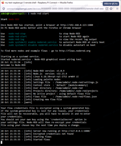 Терминал Raspberry Pi 5: node-red-start запускает службу nodered.service; в журнале версия Node-RED 5.0.9, Node.js 22.23.4, файл настроек settings.js, файл потоков flows.json, предупреждение о ключе шифрования и строки Started flows