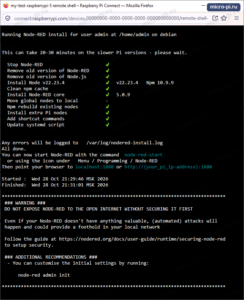 Терминал Raspberry Pi 5: скрипт установки Node-RED отмечает галочками шаги Install Node v22.23.4, Install Node-RED core 5.0.9, Install extra Pi nodes, Update systemd script; ниже время начала и конца и предупреждение WARNING