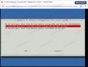 raspi-config, меню Boot Device Order: B1 SD Card Boot, B2 NVMe/USB Boot (выбран), B3 Network Boot