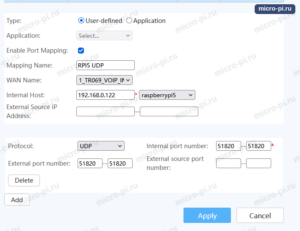 Настройки роутера: правило проброса порта User-defined, Enable Port Mapping включено, Mapping Name RPI5 UDP, Internal Host 192.168.0.122 raspberrypi5, протокол UDP, внешний и внутренний порт 51820, кнопка Apply