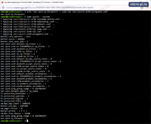 Терминал Raspberry Pi: команда echo net.ipv4.ip_forward=1 с tee в /etc/sysctl.d/99-wireguard.conf, затем sudo sysctl --system со списком применяемых файлов и строкой net.ipv4.ip_forward = 1 в конце