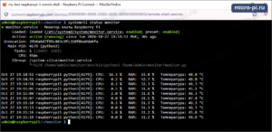 Терминал Raspberry Pi 5: systemctl status monitor показывает службу monitor.service в состоянии active (running) и последние строки вывода программы