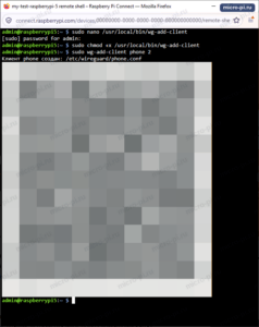 Терминал Raspberry Pi: sudo nano и chmod +x для /usr/local/bin/wg-add-client, затем sudo wg-add-client phone 2 выводит «Клиент phone создан: /etc/wireguard/phone.conf» и QR-код (закрыт мозаикой)